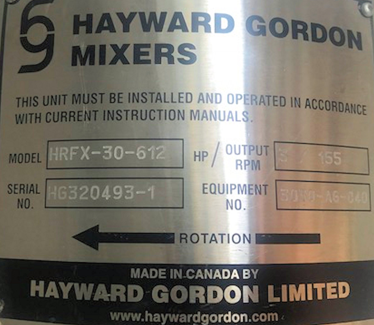 Unused Hayward Gordon Model Hrfx-30-612 Agitator With 3 Hp Motor)